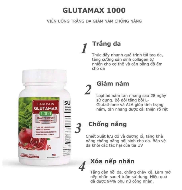 Viên Uống Trắng Da, Chống Nắng Faroson Glutamax 1000