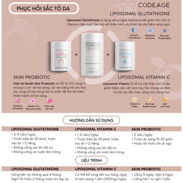 Combo Sáng Da CodeAge Liposomal Glutathione + Vitamin C & Skin Probiotic – Hỗ Trợ Da Trắng Mịn Tự Nhiên