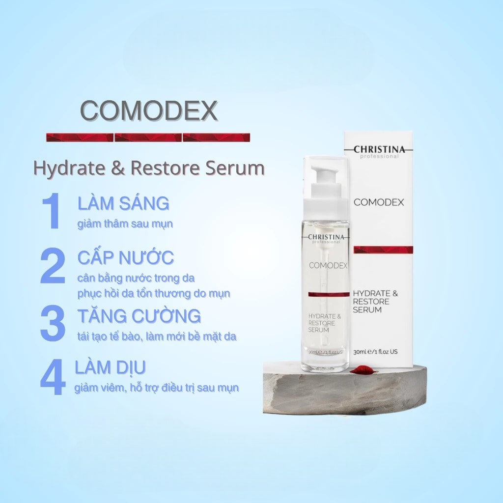 Công dụng Serum Christina Comodex Hydrate & Restore Serum 30ml Serum Christina Comodex Hydrate & Restore Serum 30ml – Giải pháp cấp ẩm, hỗ trợ phục hồi làn da dầu mụn nhạy cảm